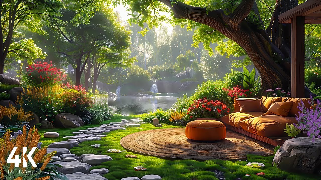 🍒 Spring Garden Magical Ambience - 4K Dreamy | Peaceful Life with Waterfall Sounds & Birdsong Relax