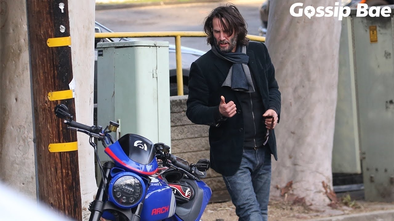 Keanu Reeves rides his ARCH motorcycle after lunch at San Vicente Bungalows in West Hollywood, CA
