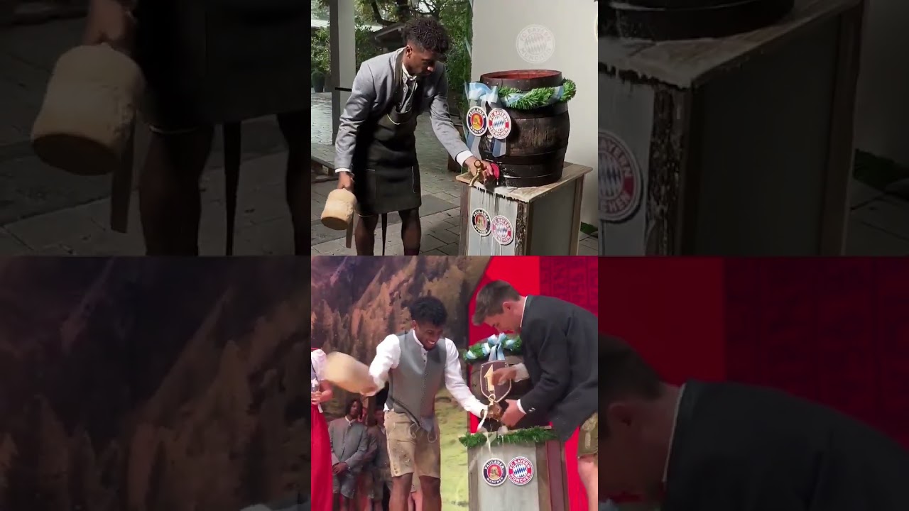 Kingsley Coman taps the beer barrel