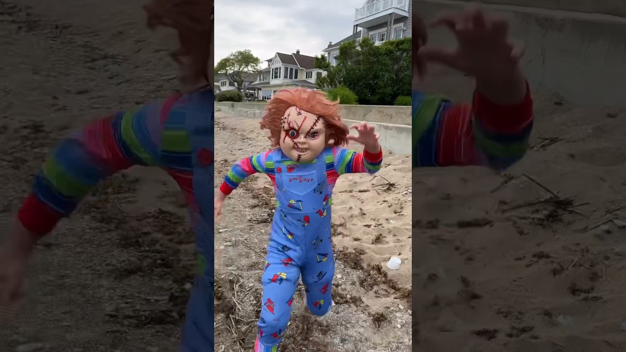 ATTACKED BY CHUCKY AT THE BEACH!! #chucky #chuckydoll #shorts #goodguydollchucky #goodguydoll